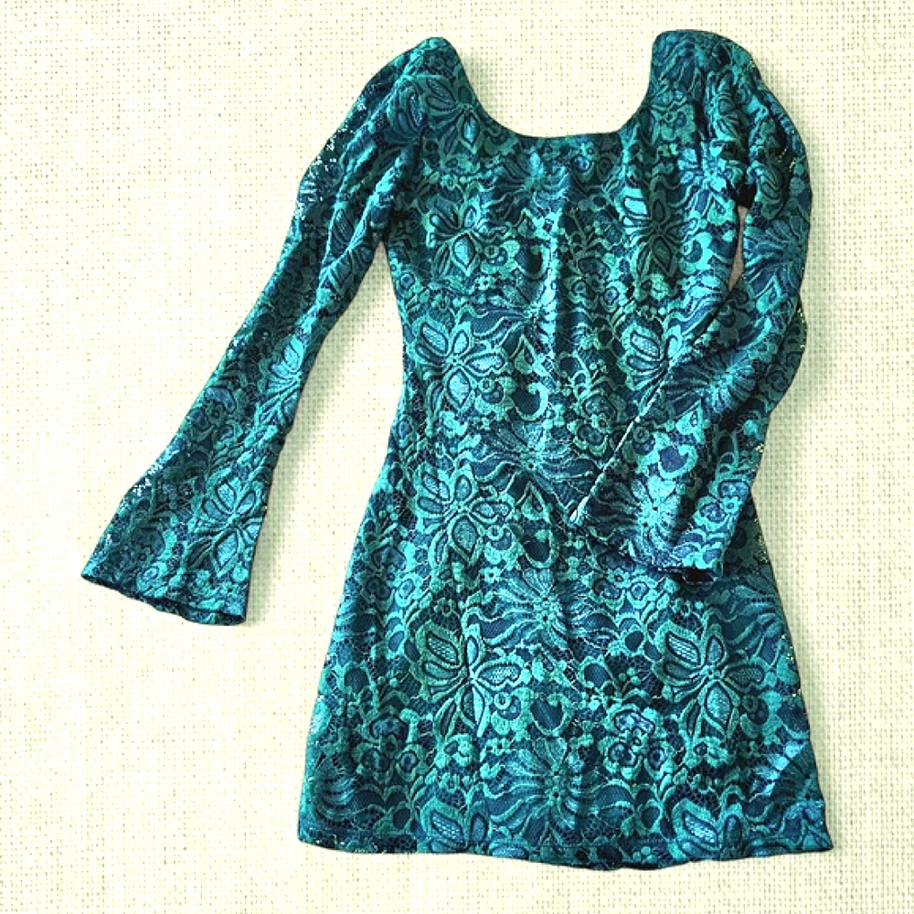 MI AMI Dark Green Lace Dress Mini Bell Sleeve Whimsygoth Fairygoth Forest Sz S - Picture 2 of 10